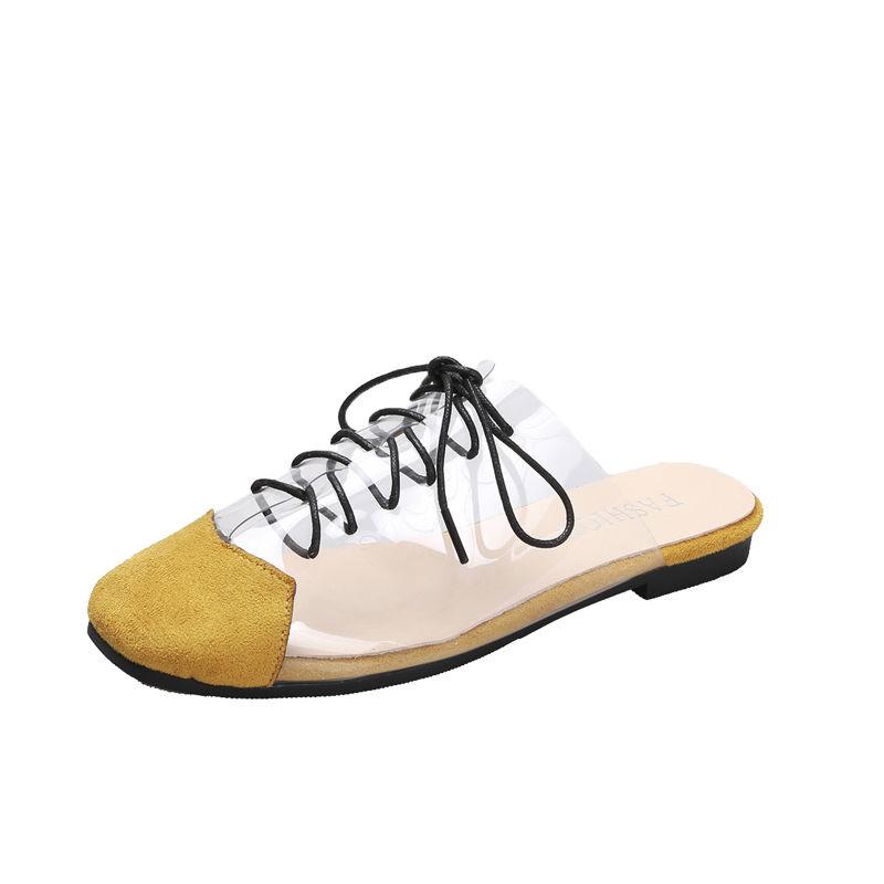 Transparent Half Slippers Women Spring and Summer Square Head Lace Slippers Fashion Flat Slippers Women