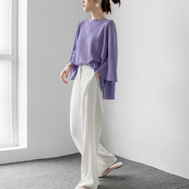 Knit Sweater Women Loose T-shirt Thin Spring, Summer and Autumn Trumpet Three-quarter Sleeves One-shoulder Top
