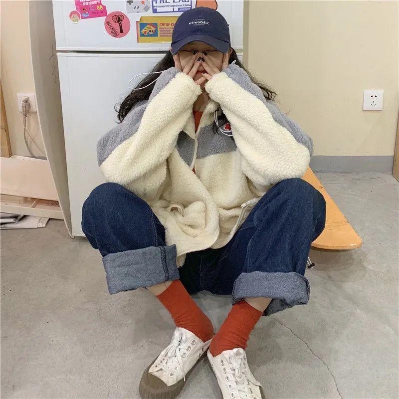 Autumn and Winter Vibe Wind Plus Velvet Thickening Imitation Lamb Velvet Student Sweater Women Lazy Style Cardigan Jacket Female Loose Students