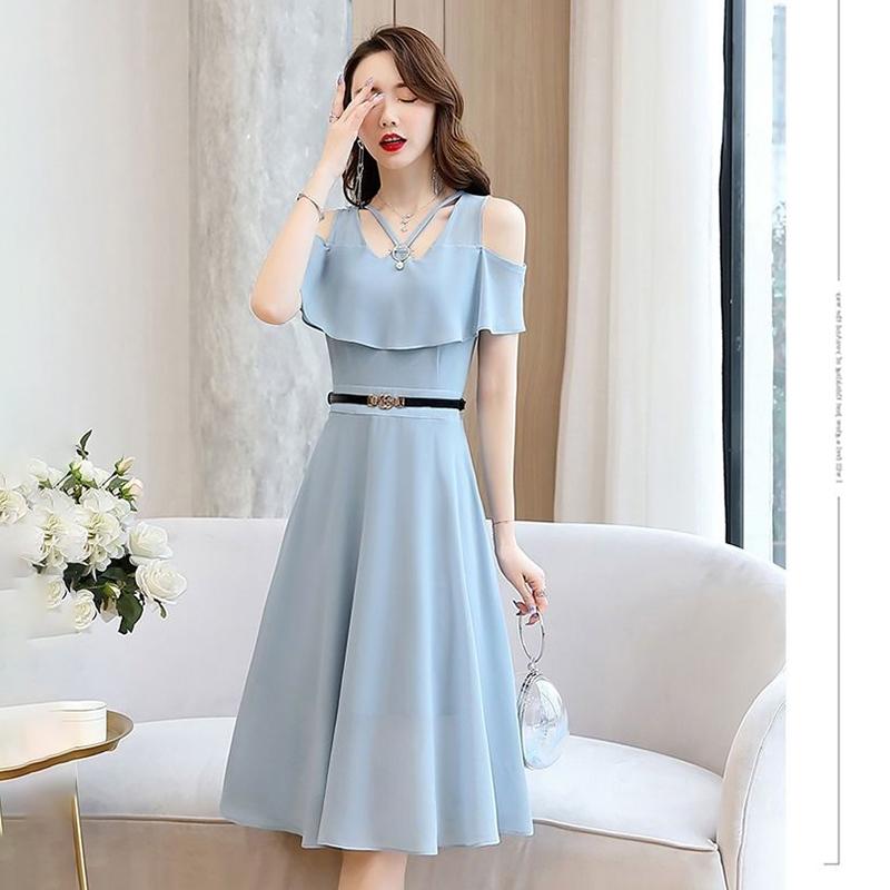 Chiffon Dress Women's Waist Slimming Temperament Strapless Mid-length Skirt A-line Skirt Slimming Chiffon Large Size Dress Mid-length Chiffon Skirt