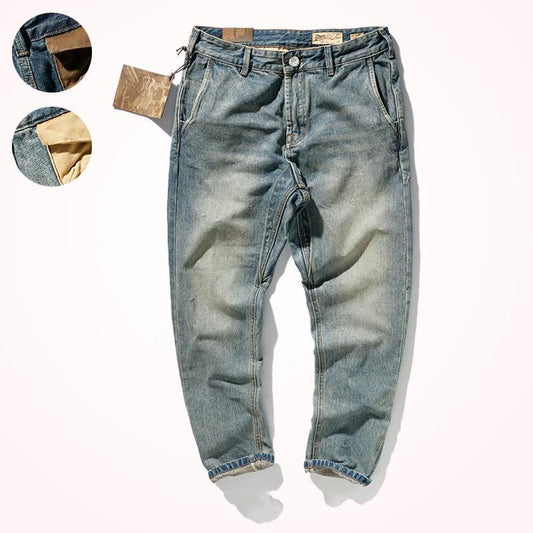 Washed Retro Jeans Men's Slim and Worn Straight Trousers Overalls