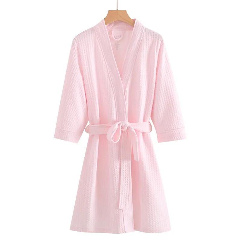 Women's Yukata Pajamas Robe Spring Autumn Loose Waffle Solid Color Bathrobe Long Sleeves Robe Sleeping Robes with Belt