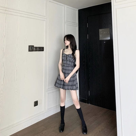 Female Summer Simple Retro Elegant Slim Korean Plaid One Piece A-line Short Graceful Party Dress