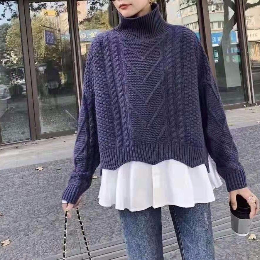 Turtleneck Suit Twist Sweater + Sleeveless Ruffle Shirt Women Linen Two-piece Winter