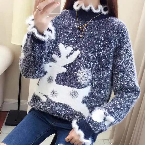 Women's Winter Loose Elk Sweater Female Large Size Temperament Sweater Half-high Lace Collar Christmas Knitted Pullover