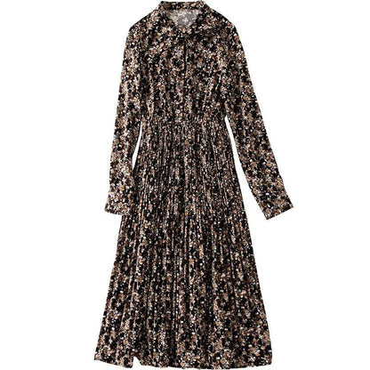 Chiffon Floral Long-sleeved Dress Women's Spring and Autumn Dress Waist Slim Temperament Retro Light Familiar Style Pleated Long Skirt