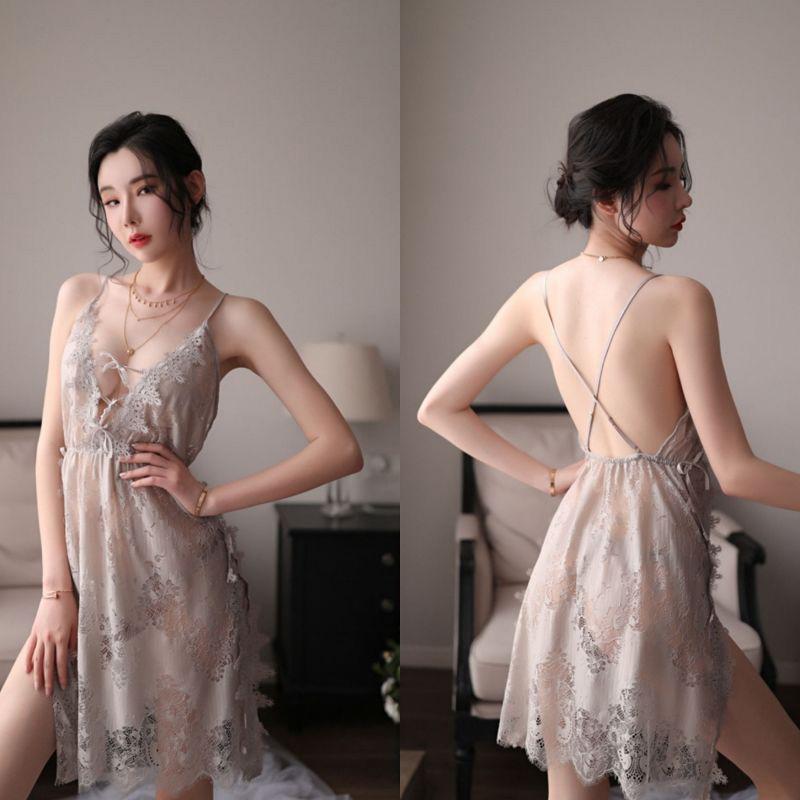 Women's Embroidered Pajamas Dresses Two-piece Summer French Style Sexy Lace Hollow Suspender Nightdress Slit Show Back Sexy Homewear