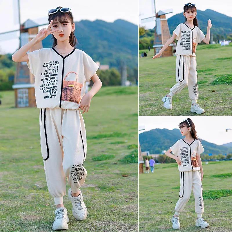 Girls Summer Clothes Light and Thin Section Cool Breathable Suit Korean Version Printed Pocket Casual Short-sleeved Trousers Sports Two-piece Suit