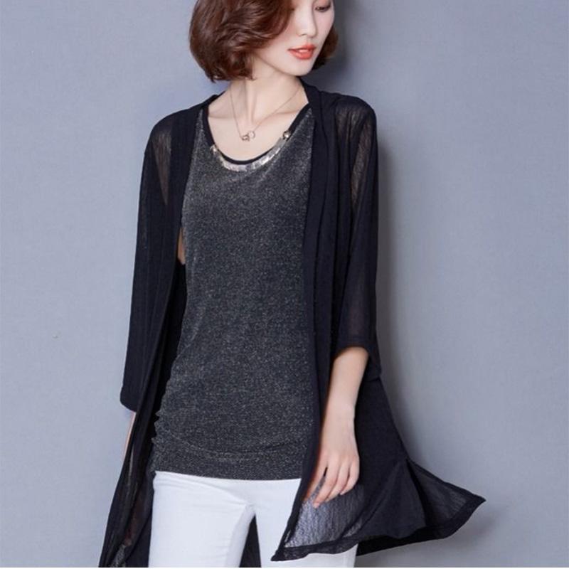 Shawl Coat Women's Sun Protection Coat Mid-length Cardigan with Large Size Loose Knitted Thin Mesh Gauze