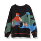 Vintage Autumn Winter Women Cartoon  Printed Sweater Student Loose Casual Pullover Sweater All-match Knitwear Coat Outer Wear