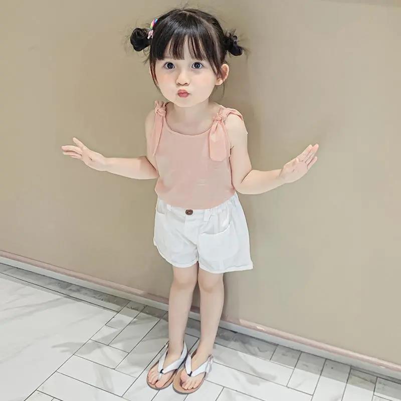 Summer Kids Cute Solid Vest Sleeveless Bow Tops Korean Style Slash Neck Loose Camisole Inside Out for Children Girls