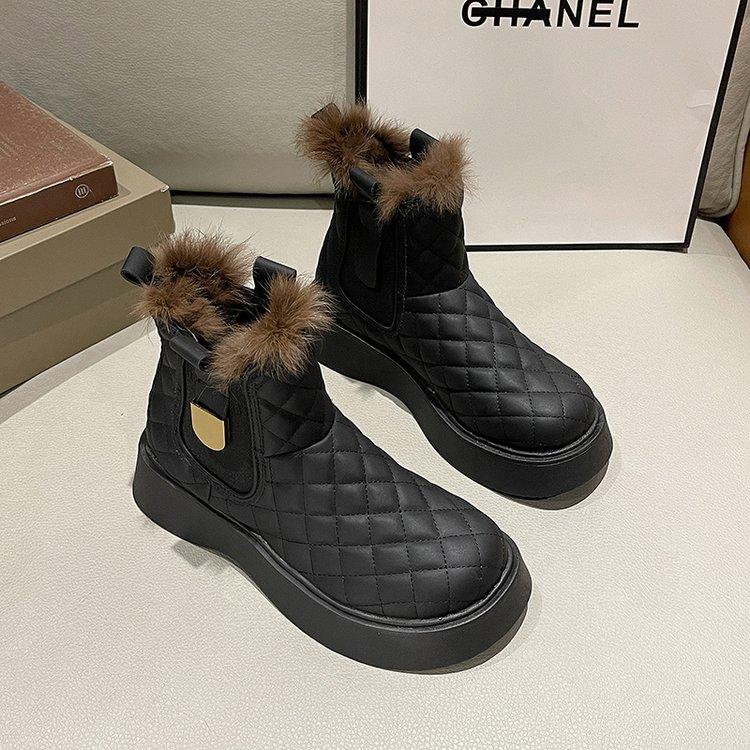 Winter Boots for Women Black White Snow Boots Leather Fur Boots Platform Chunky Shoes Plush Warm Ankle Booties