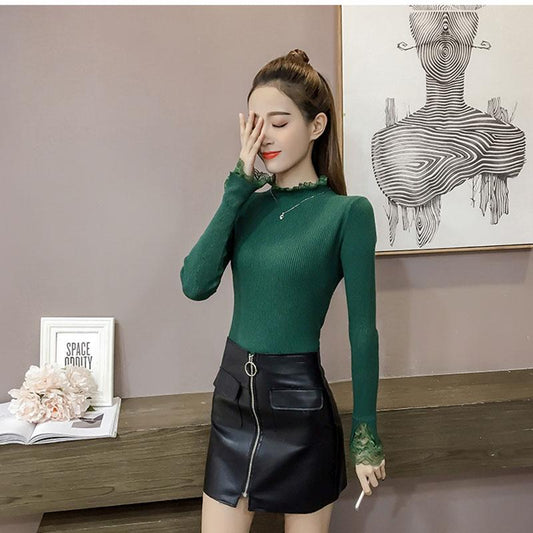 Autumn and Winter Slim-fit Sweater with Lace Trim and Thin Pullover Jacket Fashion Casual Young Women's Top