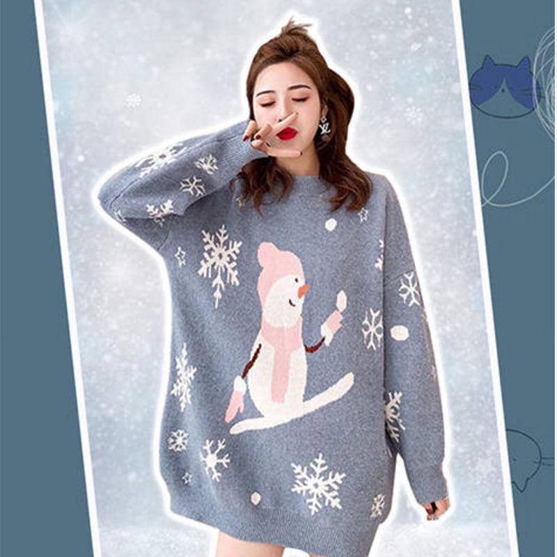 Pofulove Christmas Sweater Women's Mid-length Thick Loose Loose Pullover Sweater Sweater Women