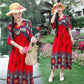 Ethnic Style Women's Print Mid-length Five-point Sleeve V-neck Loose Skirt Mom's Beach Holiday Skirt