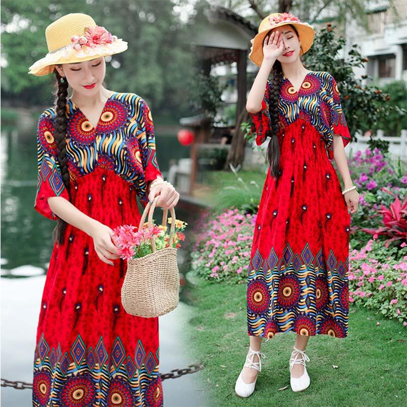 Ethnic Style Women's Print Mid-length Five-point Sleeve V-neck Loose Skirt Mom's Beach Holiday Skirt