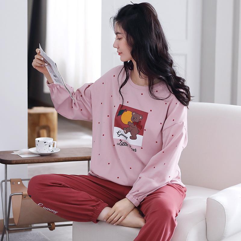 Women's Pajamas Suit Cotton Long Sleeve Home Wear Casual Loose Sleepwear Autumn Winter Female Pyjamas Tops and Pants Sets Cute Pullover