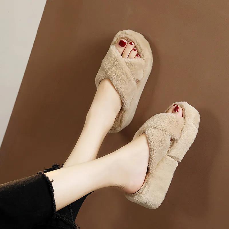 Heightening Woolen Slippers Women's Thick Soled Shoes In Autumn and Winter Versatile Non Slip Women's Slippers Outside