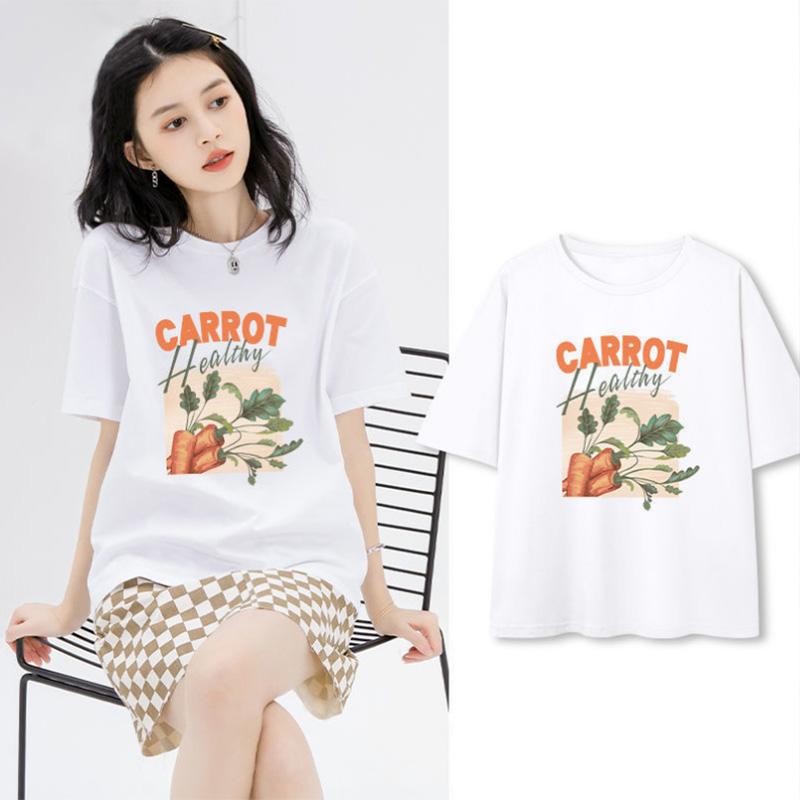 Solid Color Pattern T-shirt Women's Short-sleeved Summer Student Korean Version Round Neck Loose Ins Trend Design Top