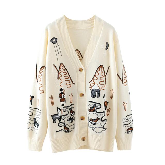 Embroidery V-Neck Oversized Cardigan Long Sleeve Single Breasted Button Knitted Sweater