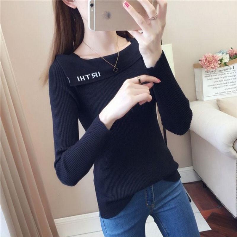 Autumn Winter Women's Boat Neck  Sweater Korean Style All-mach Striped Sweater Slim Long-sleeve Bottoming Top