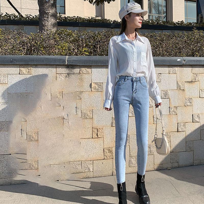 Spring Light-colored Jeans Women's High Waist Was Thinner and Taller Light Blue Stretch Tight-fitting Pencil Pants