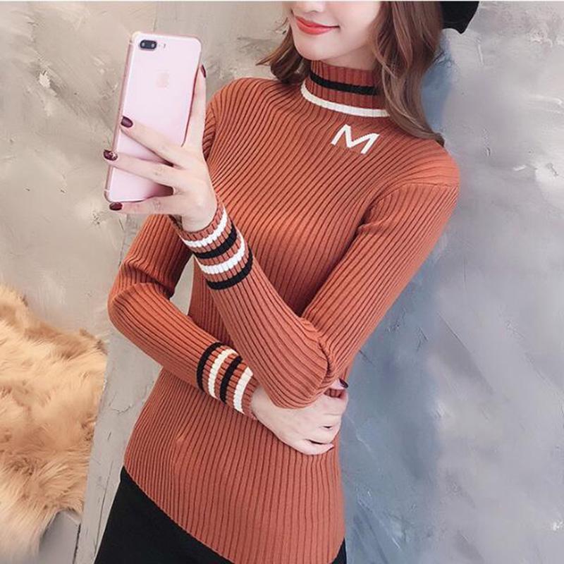 Warm Sweater Turtleneck Sweater Female Autumn and Winter Cold Striped Sweater Inside Wear