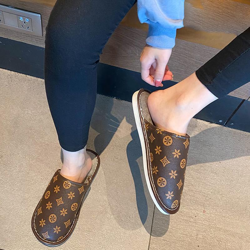 PU Waterproof Slippers Women Men Winter Plush Keep Warm Flat Home Shoes Woman Soft Comfort Female Shoes Sewing Interior Slipper