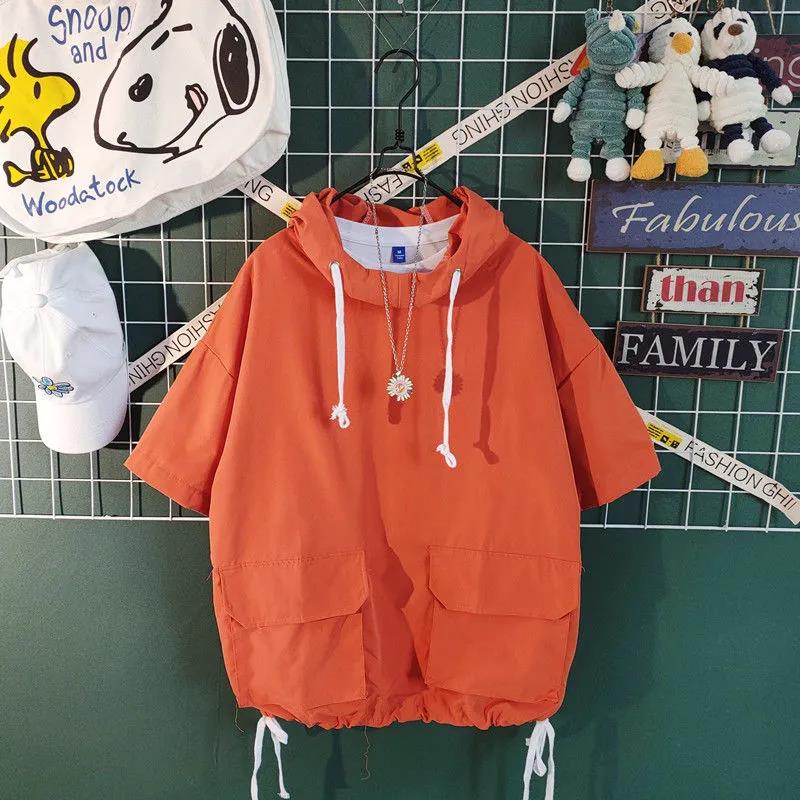 Summer Thin Hooded Students All-match Short-sleeved T-shirt Men's Trendy Design Sense Tooling Five-point Half-sleeved