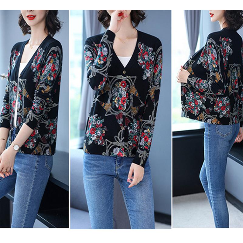 Autumn Winter New Ladies Cardigan Printed Lazy Knit Sweater Fashion V-neck Jacket Cardigan Sweater