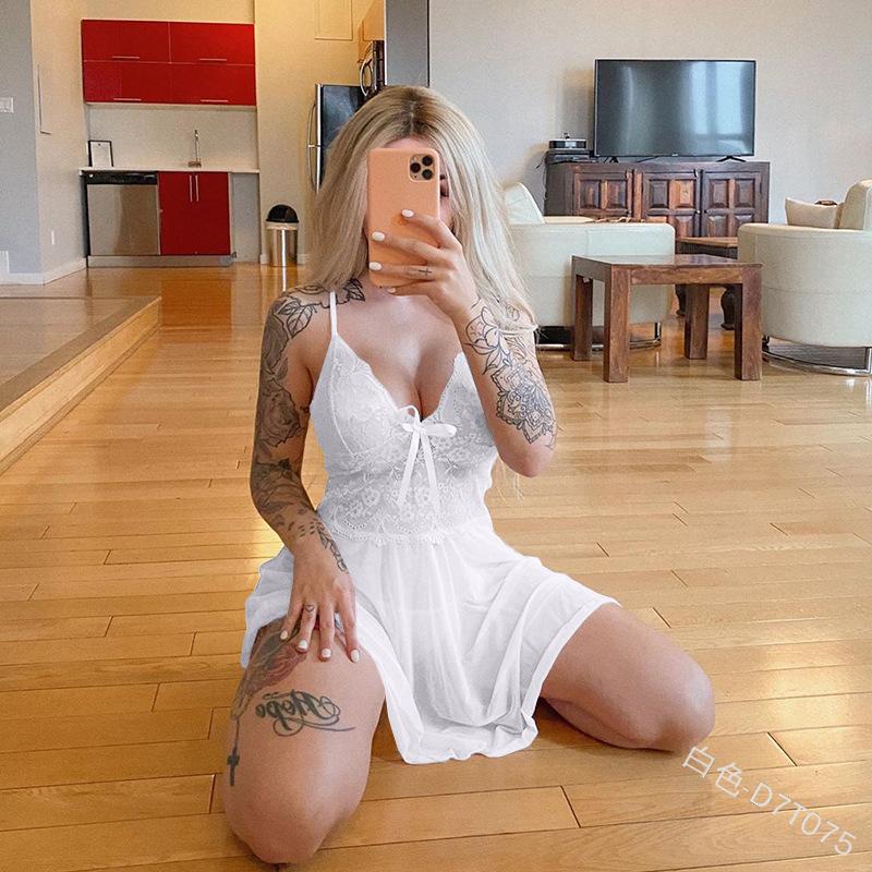 Nightdress Lace Mini Dress Lingerie Two Pieces Set Dress with Briefs Lace Perspective Sleepwear Spaghetti Strap Deep V Neck Homewear Mesh Lace Dress