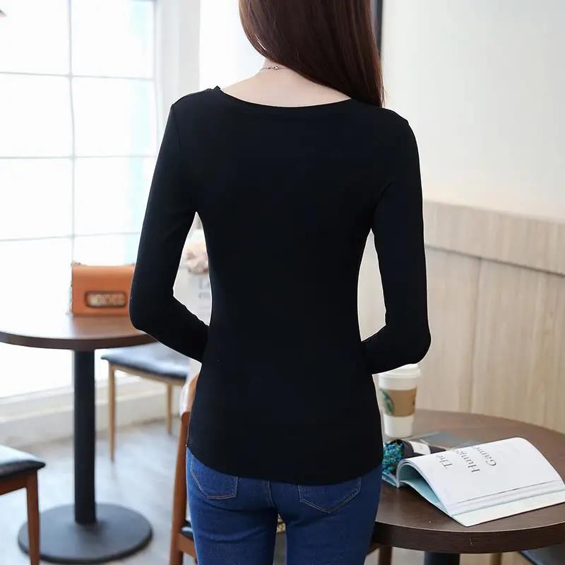 Solid Basic Long Sleeve Womens Tshirt Casual Black White Ladies  Top T Shirt Ladies Fashion Tee Shirt Pullover