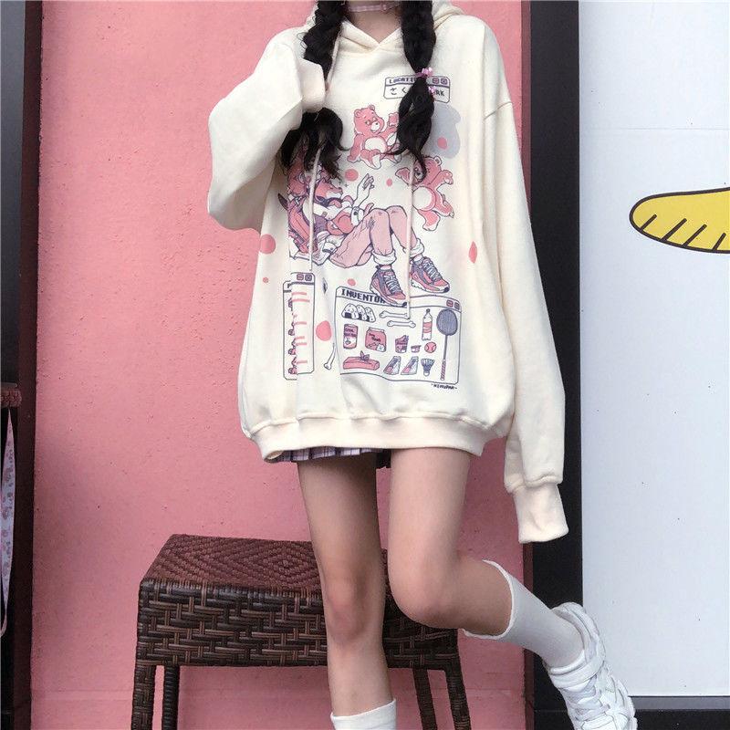 Anime Hoodies Oversized Pullovers Tops White Japanese Cartoon Printed Fashion Sweatshirts Streetwear Harajuku Hip Hop Sweatshirts Black Fall Winter