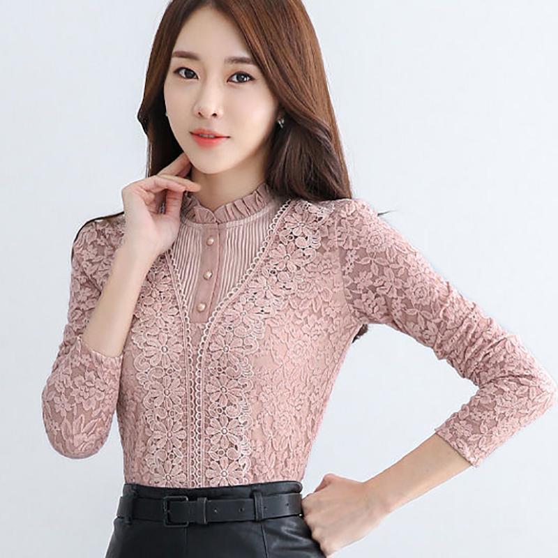 Fashion Trend Ladies Lace Sweater Autumn and Winter Slim Sexy Plus Velvet Thick Warm Blouse