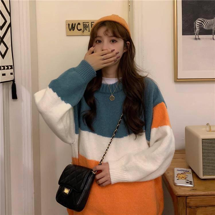 Pofulove Sweater Loose Autumn Winter Korean Lazy Color Matching Striped Round Neck Pullover