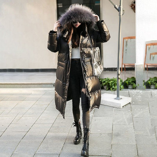 Down Jacket Women Winter Bright Face Loose White Duck Down Large Fur Collar Mid-length Warm Jacket