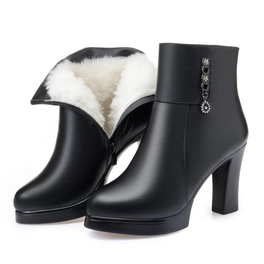 Women High Heels Winter Shoes Fur Boots Black Leather Ankle Booties Plush Warm Square Heel Shoes Fashion Ladies Boots