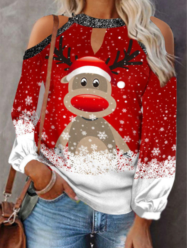 Elk Print T-Shirt Round Neck Off Shoulder Top Christmas Ladies Vintage Long Sleeve Shirt Women Sexy Tops Harajuku Graphic Tee