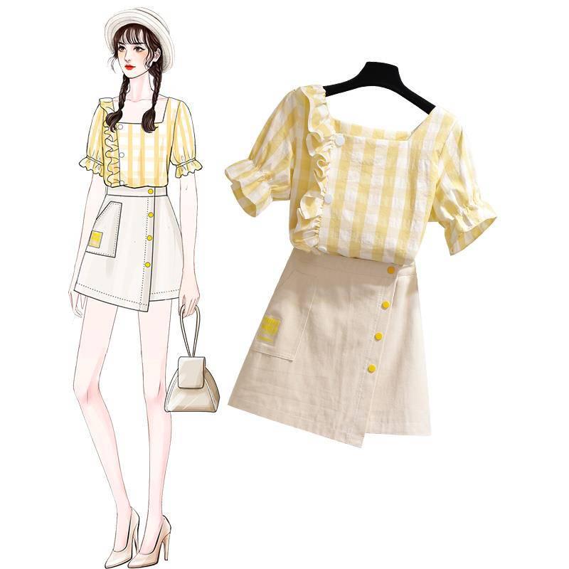 Pofulove Summer Women's Slim Skirt Set Flare Sleeve Plaid blouse Irregular short Skirt Two Piece Set