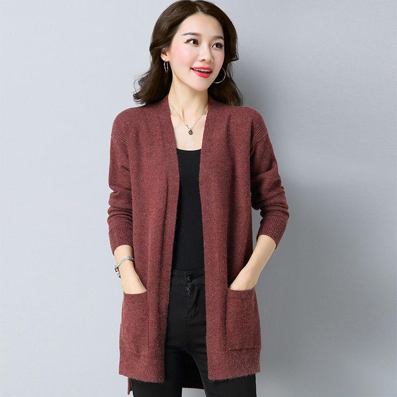 Spring and Autumn Mid-length Knitted Sweater Cardigan Solid Color All-match Top Long Sleeve Loose Women's Jacket