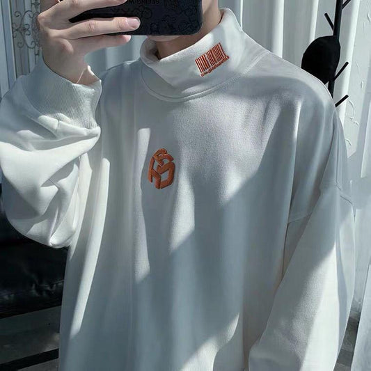 Embroidered Half High Collar Plus Velvet Padded Sweater Men's Winter Warm Loose Solid Color Base Coat