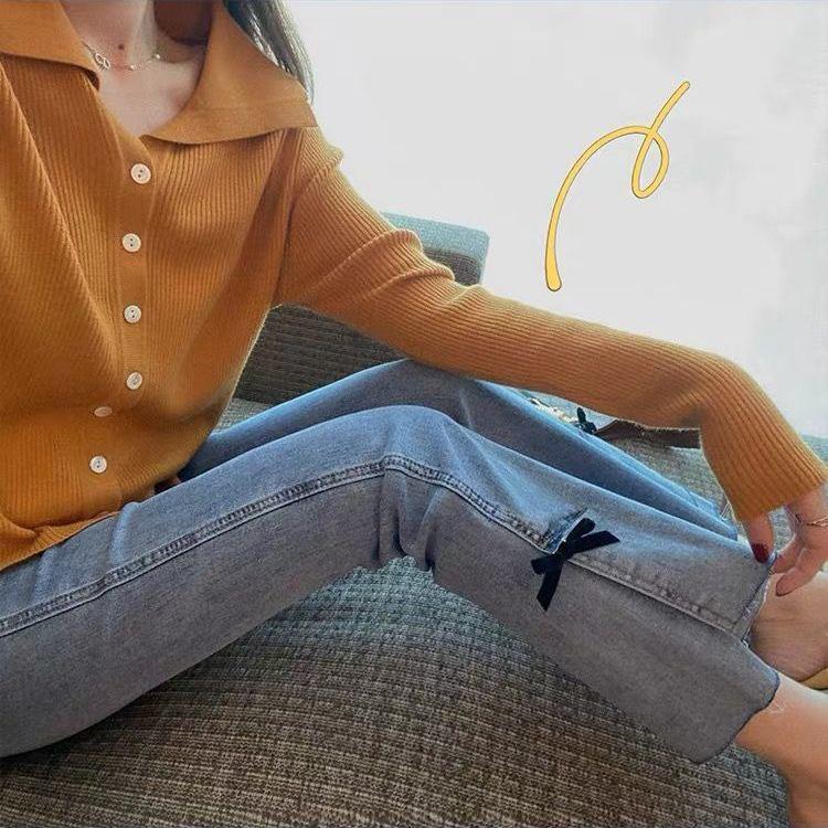 Spring Women's Light-colored Bifurcated Micro-leg Nine-point Pants, High-waisted and Thin Western-style Bow Jeans