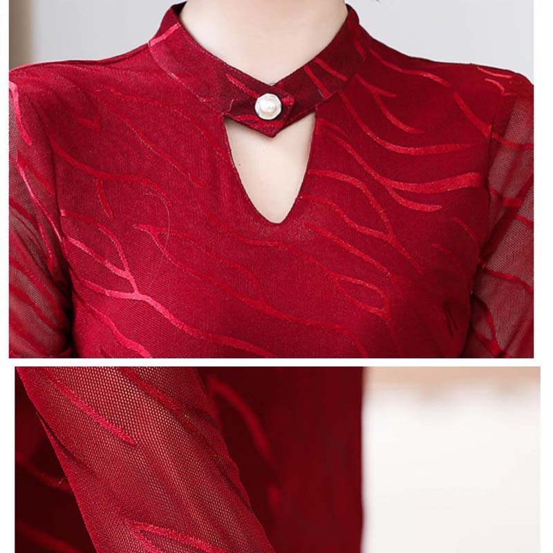 Spring and Autumn Bottoming Shirt V-Neck Mesh Top Casual Inside Long Sleeve Slim Fit T-Shirt Ladies Yarn