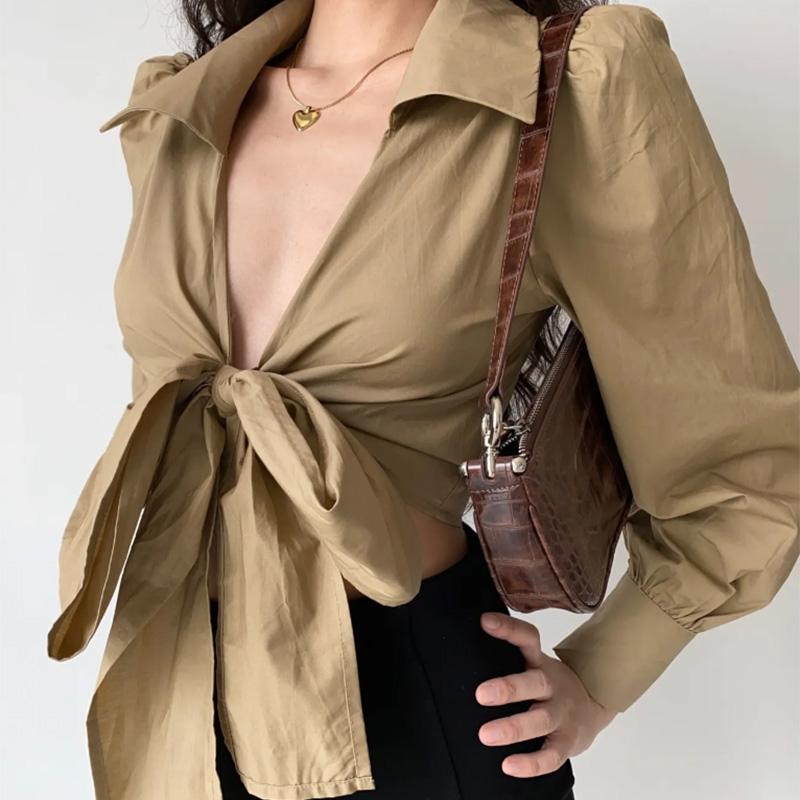 Sexy Cross V-Neck Lace-Up Lantern Sleeve Shirt Women's High Waist Short Lapel Top