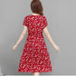 Summer Mid-length Plus Size Printed Floral Over-the-knee Dress Round Neck Short Sleeve Elastic Waist