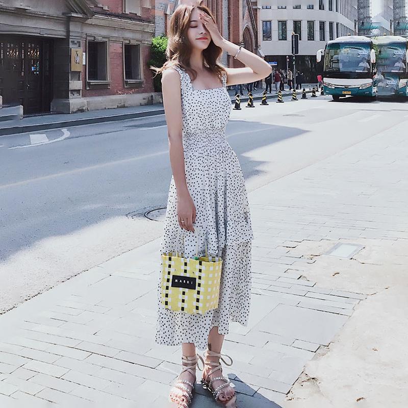 Mid-length Sling Chiffon Polka Dot Floral Dress Female Slimming Fairy Long Skirt Sling Polka Dot Dress Large Skirt A-line Version