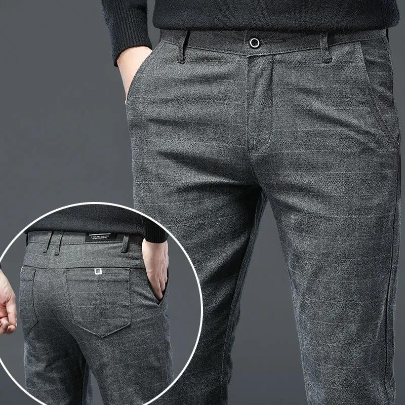 Men's Casual Cotton Linen Pants Business Plaid Trousers Straight Slim Long Pants Spring and Autumn Office Casual Pants