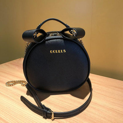 Round Bag Metal Chain Pu Leather Messenger Bag Women Crossbody Bags Outing Trip Adjustable Chain Belt