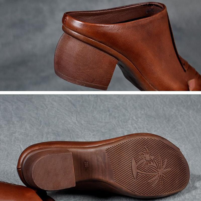Soft Leather Retro Thick Heel Outer Wear Slippers Fish Mouth Shoes Middle Heel Soft Leather Mother Shoes Comfortable Breathable Sandals
