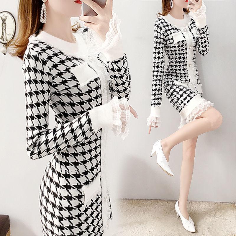 Vintage  Knitted Dress Female Autumn Winter Slim Houndstooth Sweater Dress Lace Stitching Pullover Sweater Dress